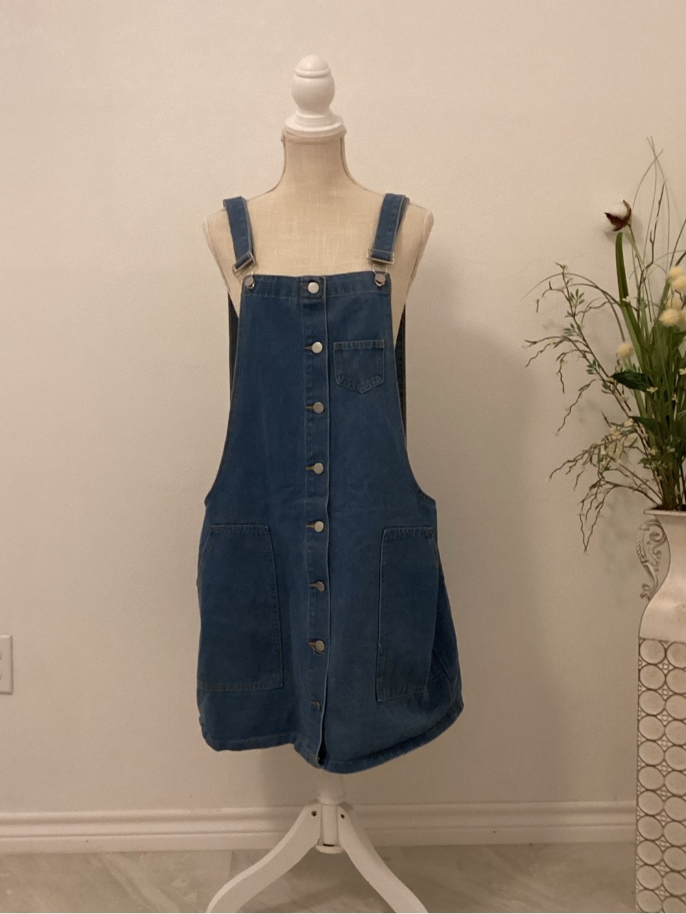 SHEIN Blue Denim Button Pinafore Mini Dress